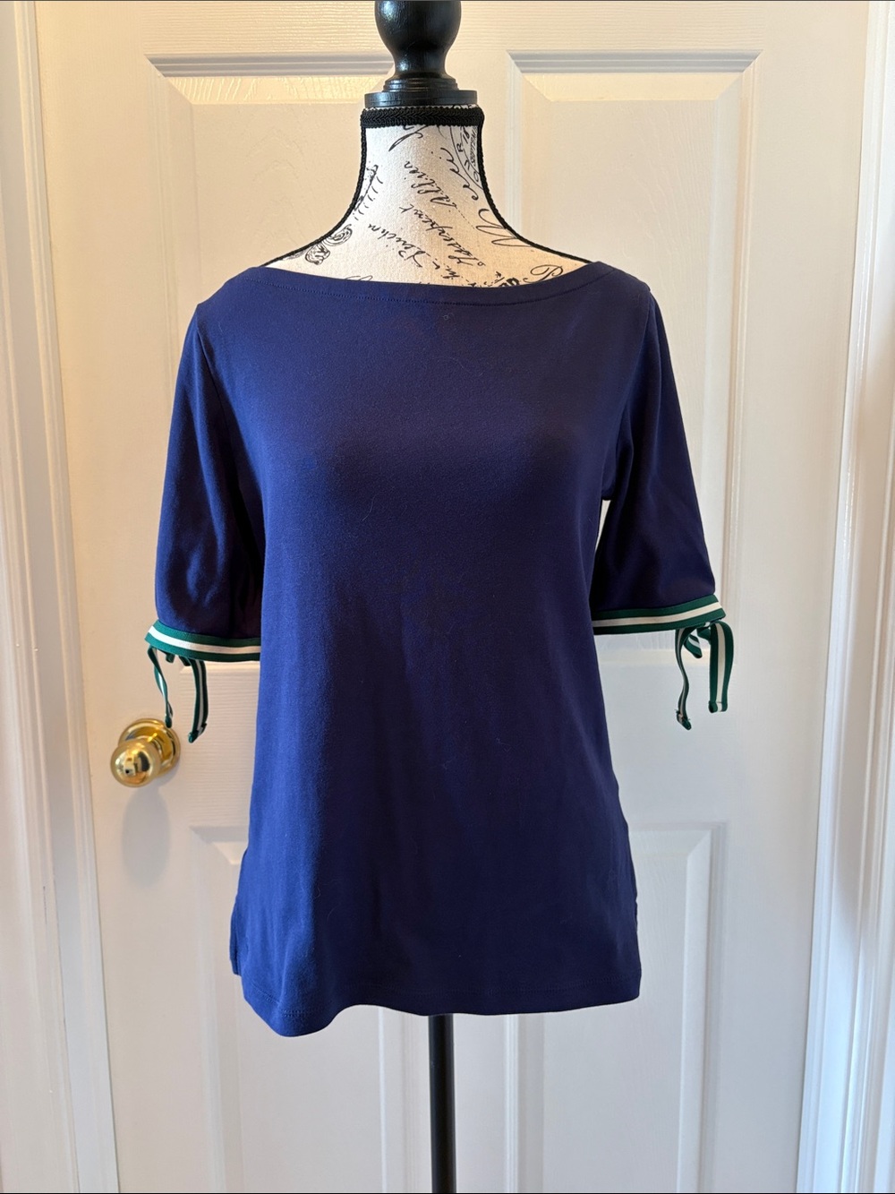 Ralph Lauren Navy Short Sleeve Boatneck Top with Green Trim